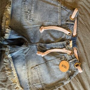 BiBi High Waist Denim Shorts with Pink Rope Detail